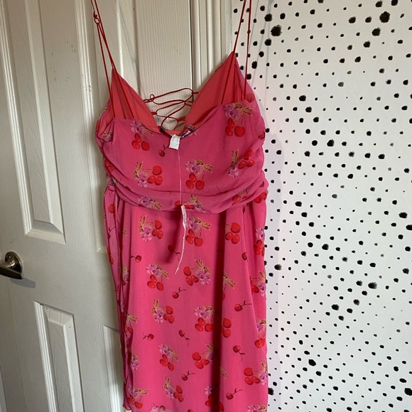 Urban Outfitters Bright Side Lace-Up pink floral cherry Mini Dress sz M nwt - Picture 14 of 14